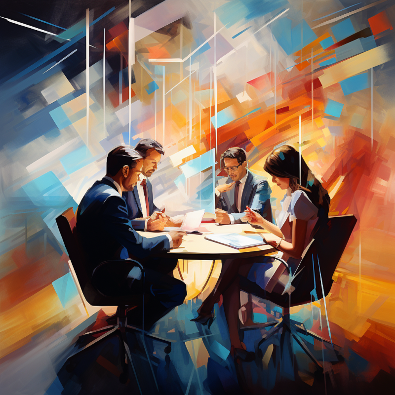 Coworkers meeting around office table