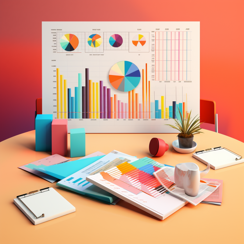 Meeting table covered in charts, graphs, notebooks and pens